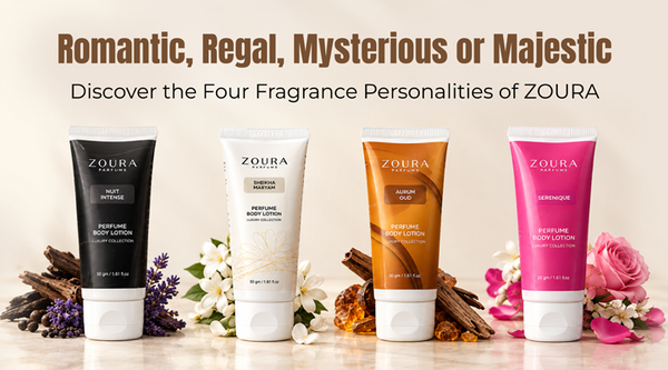 Zoura perfume body lotions featuring four fragrance personalities: Romantic, Regal, Mysterious and Majestic