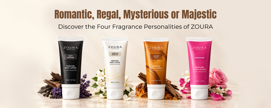 Zoura perfume body lotions featuring four fragrance personalities: Romantic, Regal, Mysterious and Majestic