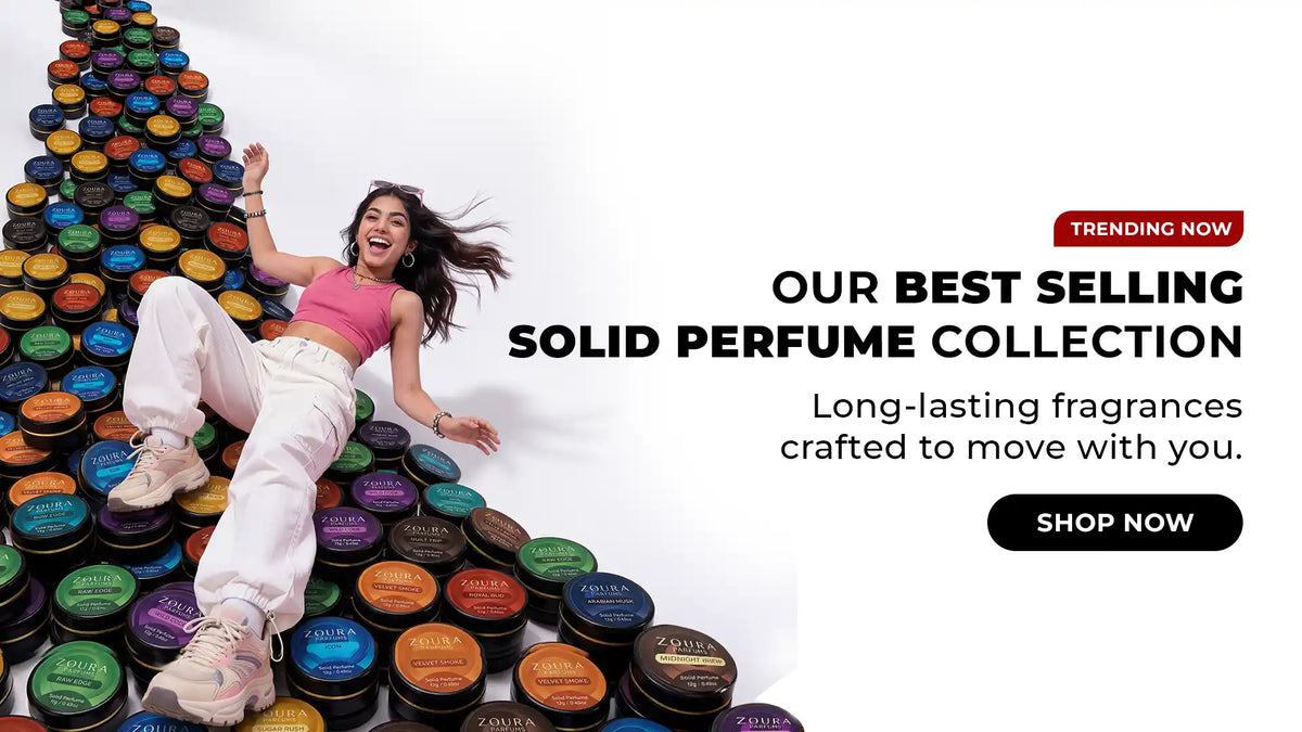 Woman lying on a pile of solid perfume containers with promotional text about the best-selling collection.