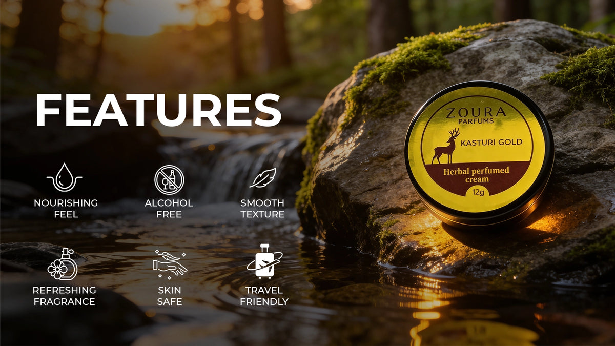 Zoura Herbal Perfumed Cream container on a rock with features listed.