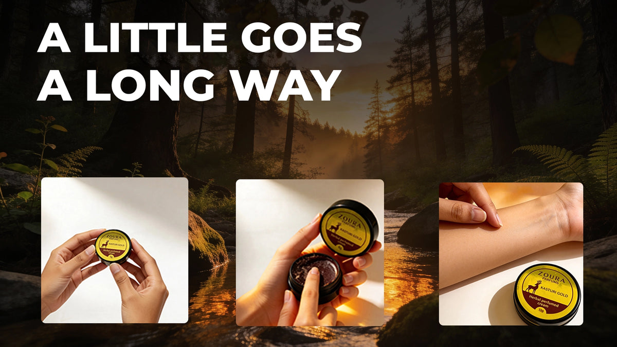 Product packaging with a scenic background and text 'A little goes a long way'.