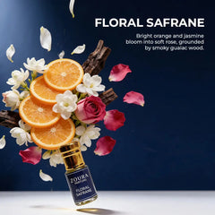 Floral Safrane Attar ingredients – orange, jasmine, rose and guaiac wood with Zoura bottle