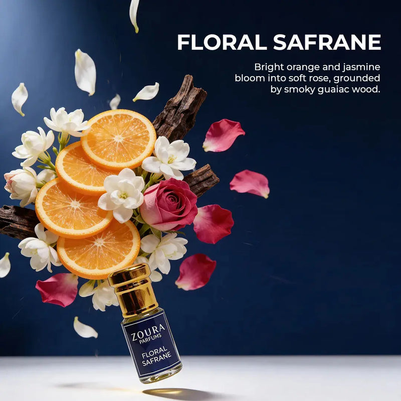 Floral Safrane Attar ingredients – orange, jasmine, rose and guaiac wood with Zoura bottle