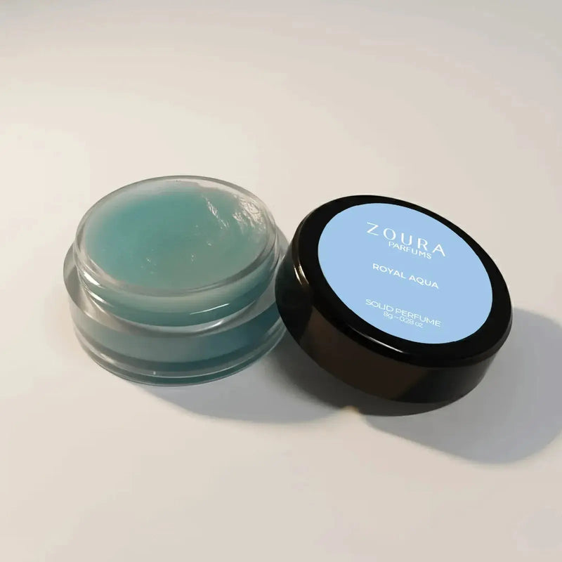 Zoura Royal Aqua Solid Perfume open and closed jars