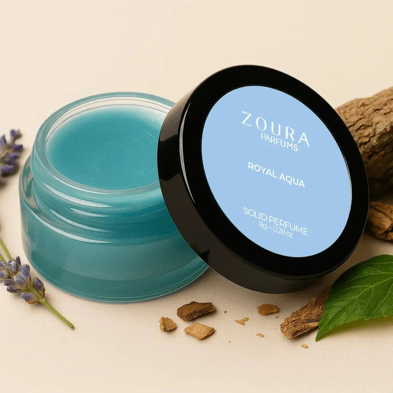 Zoura Royal Aqua Solid Perfume open jar with lavender and wood