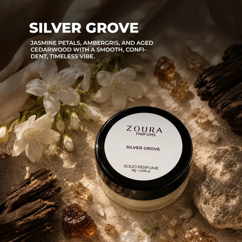 Zoura Silver Grove Solid Perfume with jasmine and ambergris