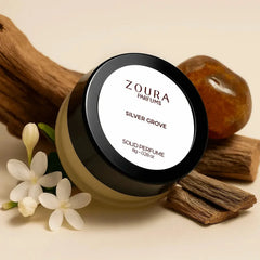 Zoura Silver Grove Solid Perfume with jasmine flowers and driftwood