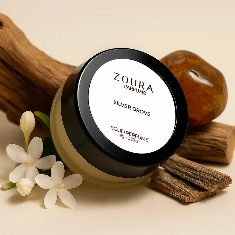 Zoura Silver Grove Solid Perfume with jasmine flowers and driftwood