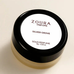 Zoura Silver Grove Unisex Solid Perfume 8g jar close-up