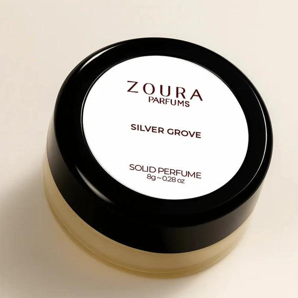 Zoura Silver Grove Unisex Solid Perfume 8g jar close-up