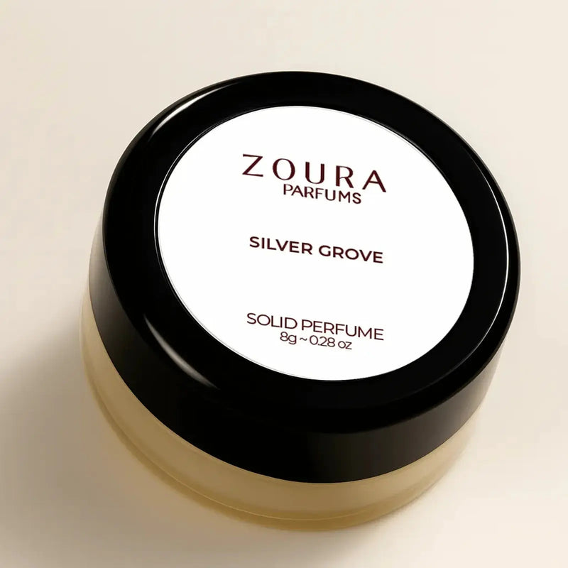Zoura Silver Grove Unisex Solid Perfume 8g jar close-up