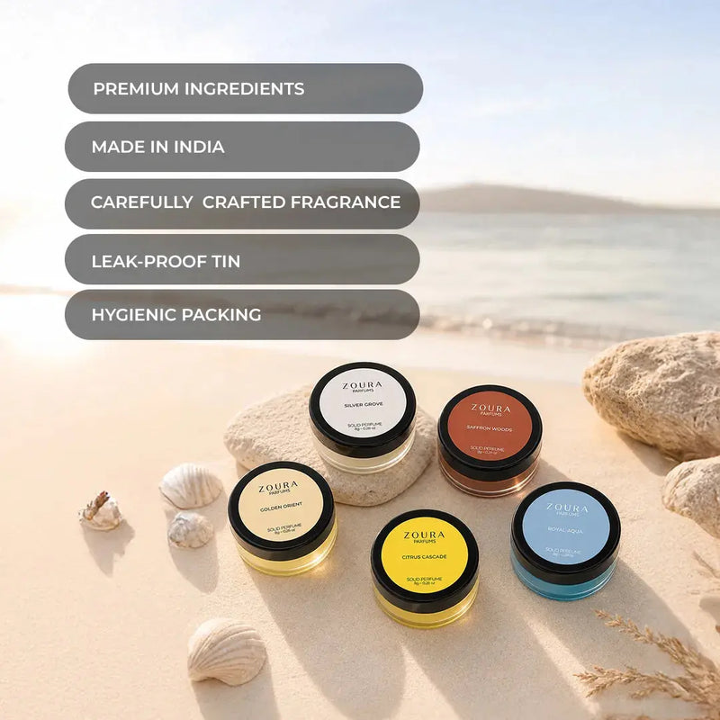 Zoura Parfums Everyday Solid Perfume Set of 5 on beach