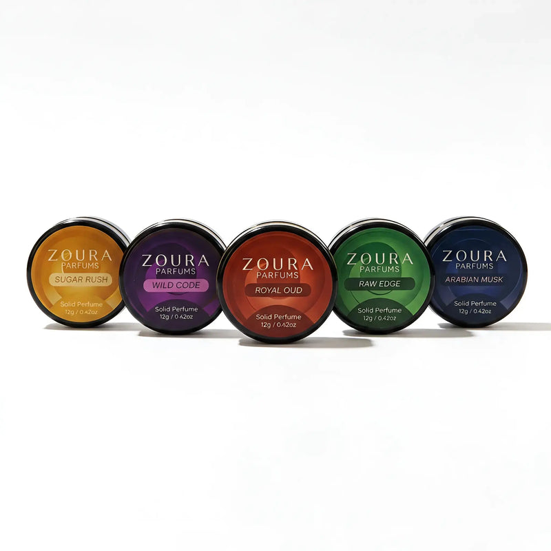 Zoura Parfums Prestige Solid Perfume Collection lineup on white