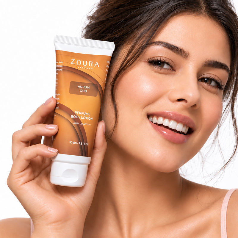 Aurum Oud scented body lotion 50g by Zoura with warm Amber, Oud and Sandalwood fragrance notes