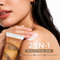 Aurum Oud Woody Amber Perfume Body Lotion 50g by Zoura with a warm luxurious oud fragrance