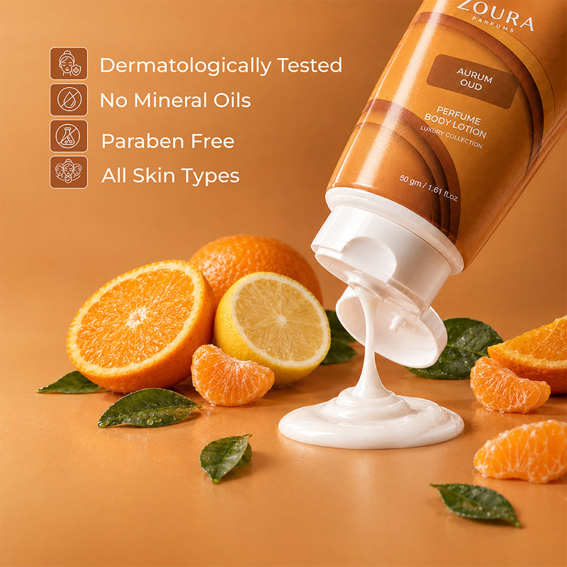 Aurum Oud Woody Amber perfumed lotion 50g by Zoura for everyday body care and lasting fragrance