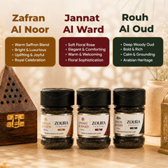 Bakhoor chips collection by Zoura Parfums — Zafran Al Noor saffron, Jannat Al Ward rose, Rouh Al Oud woody oud home fragrance