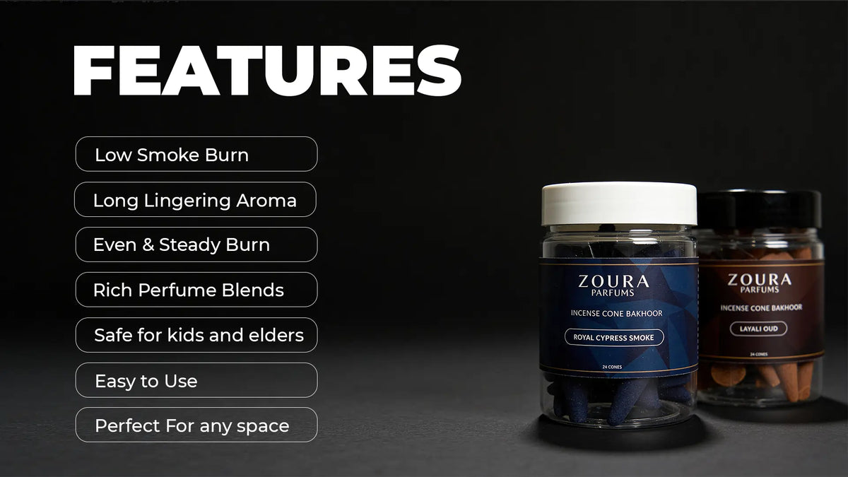 Zoura bakhoor cones products with features listed on a dark background