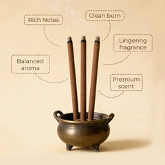 Zoura bakhoor sticks burning in a brass incense holder – rich notes, clean burn, balanced aroma, lingering fragrance, premium scent