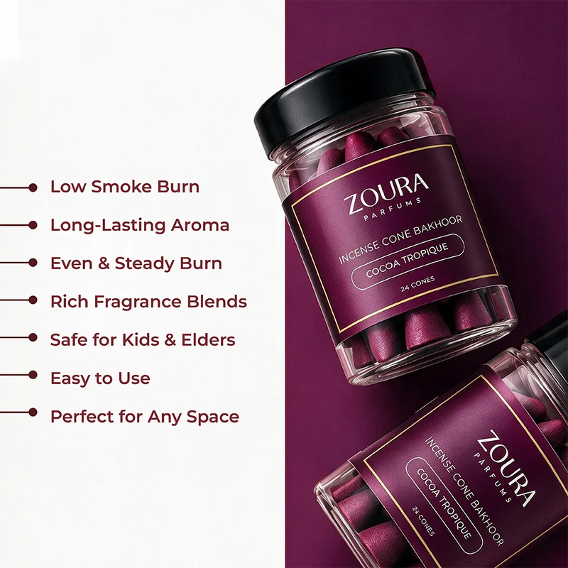 Zoura Cocoa Tropique Incense Cone Bakhoor – low smoke, long lasting, safe for kids and elders