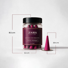 Zoura Cocoa Tropique Incense Cone Bakhoor jar and cone dimensions – 8.5cm jar, 3.9cm cone