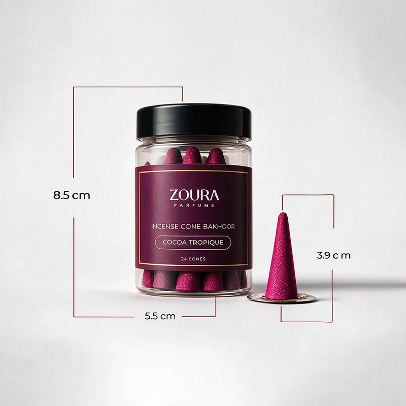 Zoura Cocoa Tropique Incense Cone Bakhoor jar and cone dimensions – 8.5cm jar, 3.9cm cone