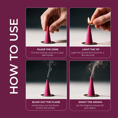 How to use Zoura Cocoa Tropique Incense Cone Bakhoor – place, light, blow out, enjoy the aroma