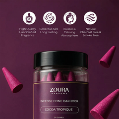 Zoura Cocoa Tropique Incense Cone Bakhoor – premium, long-lasting, natural, charcoal free