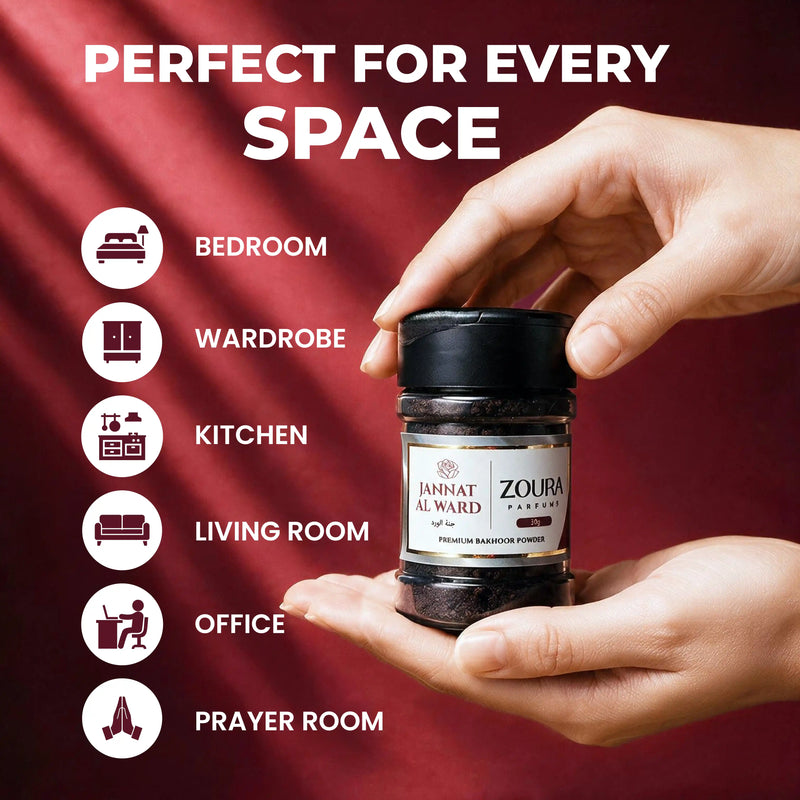 Home fragrance bakhoor powder for every space — bedroom, wardrobe, kitchen, living room, office, prayer room, Jannat Al Ward by Zoura Parfums