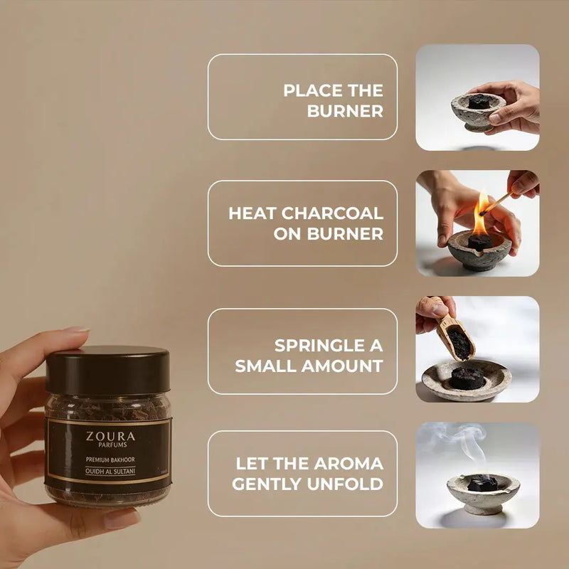 How to use oud bakhoor Oudh Al Sultani by Zoura Parfums — place burner, heat charcoal, sprinkle bakhoor, let aroma unfold