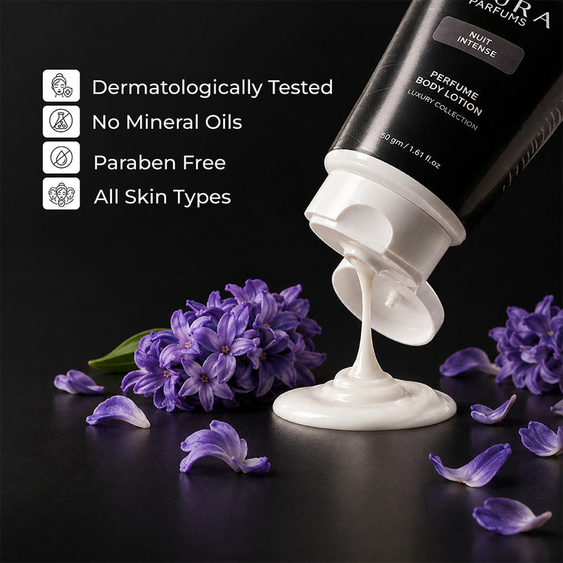 Nuit Intense scented body lotion 50g by Zoura for everyday fragrance and moisturized, soft-feeling skin