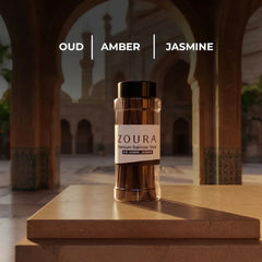 Zoura Premium Bakhoor Incense Sticks jar with Oud, Amber, Jasmine fragrance notes, set against Arabian mosque courtyard architecture