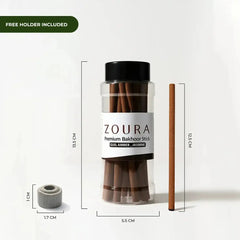 Zoura Premium Bakhoor Stick dimensions - 13.5cm jar, 12.5cm stick, free holder included, size chart with measurements