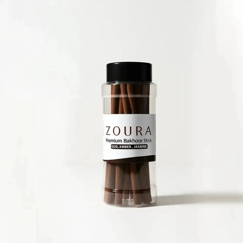 ZOURA Premium Bakhoor Incense Sticks jar - Oud, Amber, Jasmine scented Arabic bakhoor sticks in clear container with black lid