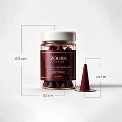 Zoura Oud Vanille Incense Cone Bakhoor jar and cone dimensions – 8.5cm jar, 3.9cm cone