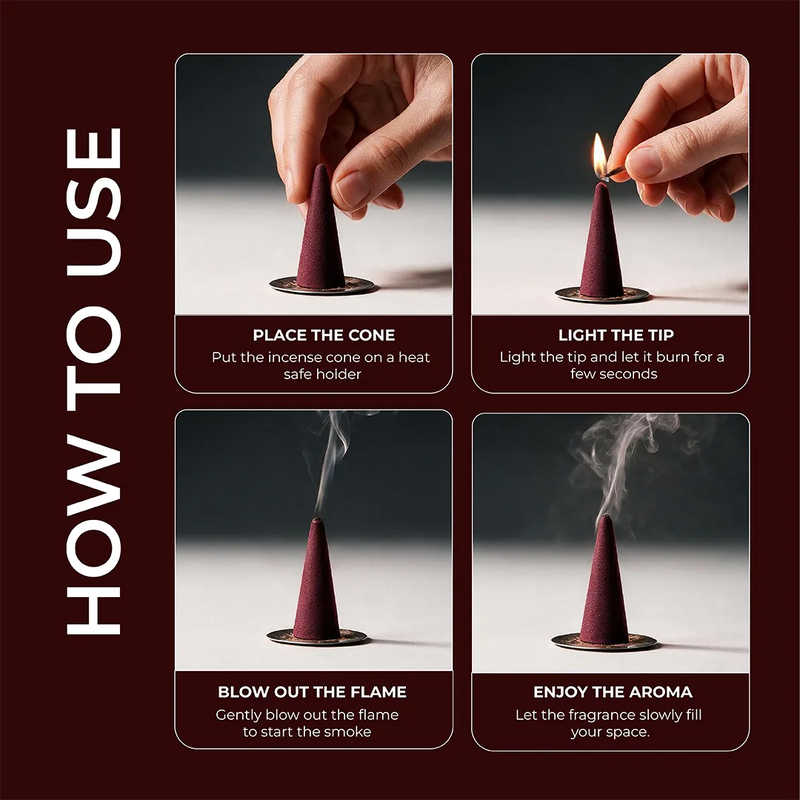 How to use Zoura Oud Vanille Incense Cone Bakhoor – place, light, blow out, enjoy the aroma