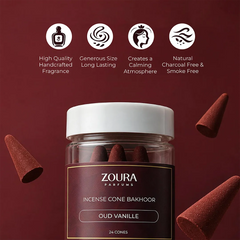 Zoura Oud Vanille Incense Cone Bakhoor – 24 cones, 20-25 min long-lasting burn, free holder included