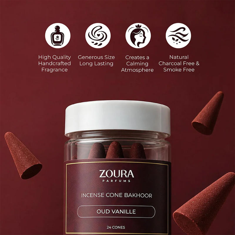 Zoura Oud Vanille Incense Cone Bakhoor – 24 cones, 20-25 min long-lasting burn, free holder included