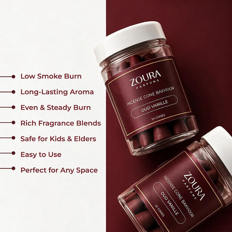 Zoura Oud Vanille Incense Cone Bakhoor – premium, long-lasting, low smoke, safe for kids and elders