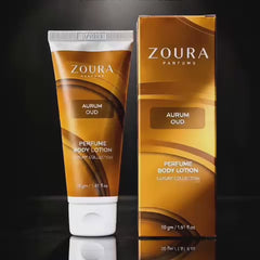 Zoura Parfums Aurum Oud Perfume Body Lotion, 50gm tube and box, luxury collection — woody oud, amber, vanilla and musk fragrance blend for skin.