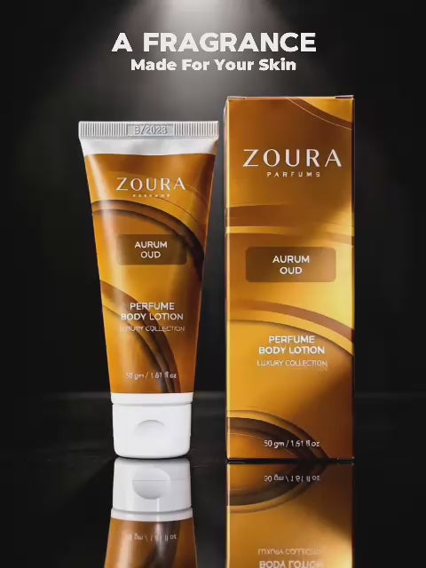 Zoura Parfums Aurum Oud Perfume Body Lotion, 50gm tube and box, luxury collection — woody oud, amber, vanilla and musk fragrance blend for skin.