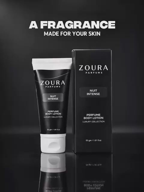Zoura Parfums Nuit Intense Perfume Body Lotion, 20g tube and box, luxury collection — a mysterious apple, lavender, cinnamon and vanilla fragrance blend for skin.