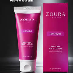 Zoura Parfums Serenique Perfume Body Lotion, 50gm tube and box, luxury collection — jasmine, rose, vanilla and amber fragrance blend for skin.