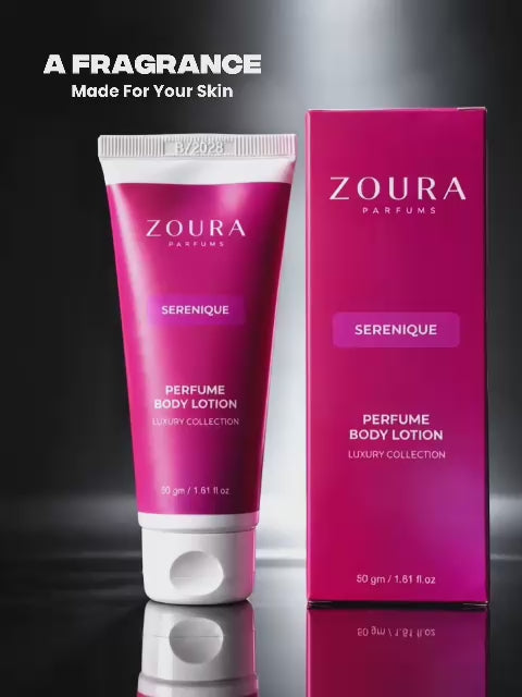 Zoura Parfums Serenique Perfume Body Lotion, 50gm tube and box, luxury collection — jasmine, rose, vanilla and amber fragrance blend for skin.