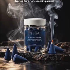 Zoura Royal Cypress Smoke incense cone bakhoor in a glass jar, crafted for a rich, soothing aroma