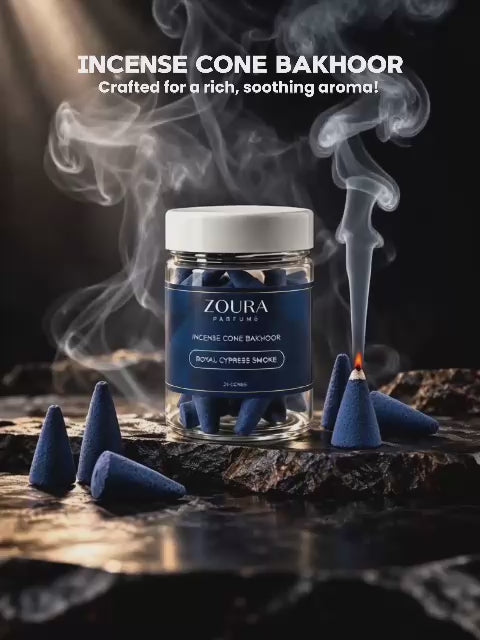 Zoura Royal Cypress Smoke incense cone bakhoor in a glass jar, crafted for a rich, soothing aroma