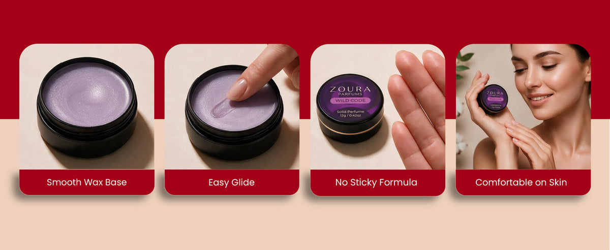 How to apply Zoura Wild Code solid perfume — swivel open, swipe on, and apply to pulse points