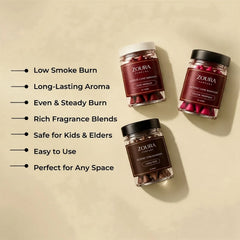 Zoura Parfums Al Rimal incense cone bakhoor jars with key features: low smoke burn, long-lasting aroma, even and steady burn, rich fragrance blends, safe for kids and elders, easy to use