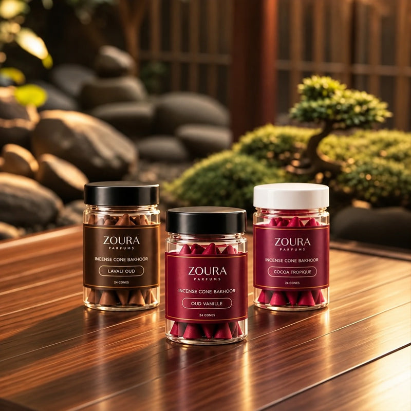 Buy Zoura Al Rimal bakhoor cones online: oud bakhoor incense cones trio in Lavali Oud, Oud Vanille and Cocoa Tropique