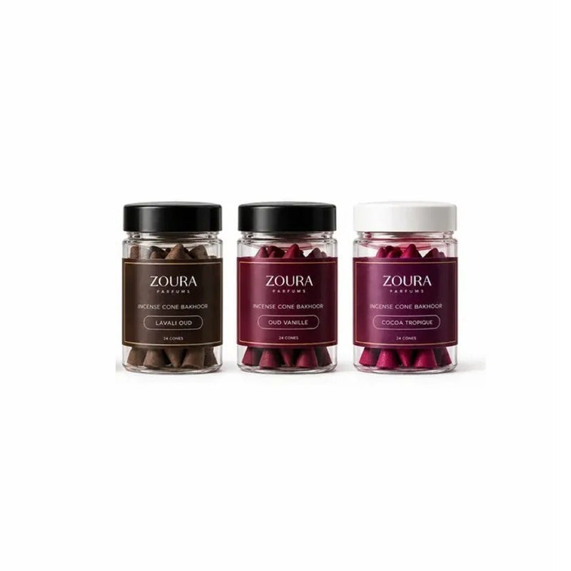 Zoura Parfums Al Rimal trio incense cone bakhoor combo with three jars: Lavali Oud, Oud Vanille and Cocoa Tropique